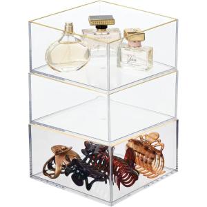 imagemDesign Makeup Organizer for Bathroom Bedroom and Vanity Countertops and Drawers Storage Bins for Cosmetics Brushes Eyeshadow Palettes Lipstick Blush  Square  3 Pack ClearSoft Brass