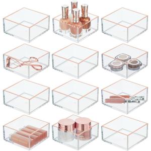 imagemDesign Plastic Beauty Organizer Bin for Bathroom Drawers Vanity or Countertops Storage for Makeup Brushes Palettes Blush Concealers or Hair Ties Lumiere Collection 12 Pack ClearRose Gold