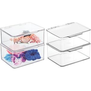 imagemDesign Plastic Cosmetic Storage Organizer Box Containers Hinged Lid for Bedroom Bathroom Vanity Shelf or Cabinet Holds Masks Palettes Nail Polish Lumiere Collection 4 Pack  Clear