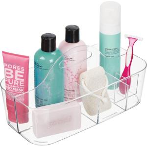 imagemDesign Plastic Divided Shower Organizer Basket Caddy Tote with Handle  Storage for Bathroom or Dorm  Holds Hand Soap Shampoo Sponges Scrubs and Body Wash  Lumiere Collection  Clear