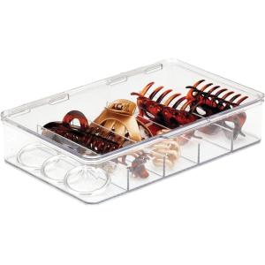 imagemDesign Plastic Divided Stackable Hair Makeup ampamp Jewelry Organizer Box with Hinge Lid for Bathroom Vanity Countertop  5 Sections  Stores Hair Clips Barrettes Accessories  Ligne Collection  Clear