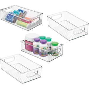 imagemDesign Plastic Storage Organizer Shallow Container Bin with Handles for Bathroom Kitchen Cabinet Pantry Home Organization  Holds Vitamins Supplements Makeup  Ligne Collection  4 Pack  Clear
