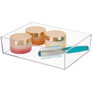 imagemDesign Plastic Storage Organizer Tray for Bathroom Vanity Countertops Closets Dressers  Holder for Guest Hand Towels Watches Earrings Makeup Brushes Reading Glasses Perfume  Clear
