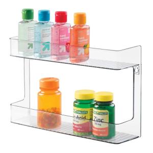 imagemDesign Plastic Wall Mount 2 Tier Storage Organizer Shelf for Bathroom Kitchen Holds Vitamins Supplements Aspirin Medicine Bottles Nail Polish Cosmetics and More Ligne Collection  Clear