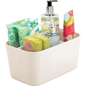 imagemDesign Small Plastic ShowerBath Storage Organizer Caddy Tote with Handle for Dorm Shelf Cabinet  Hold Soap Shampoo Conditioner Combs Brushes Lumiere Collection CreamBeige