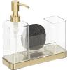 imagemDesign Plastic Kitchen Sink Countertop Liquid Hand Soap Dispenser Pump Bottle Organizer Holder with Storage for Kitchen Bathroom  Holds Dish Sponge and Brushes  Omni Collection  Soft BrassClear