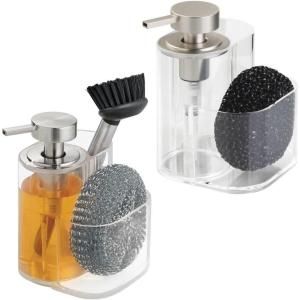 imagemDesign Liquid Soap Dispenser Pump Bottle Caddy with 2 Storage Compartments for Kitchen Sinks Countertops  Holds and Stores Sponges Scrubbers and Brushes  2 Pack  ClearBrushed