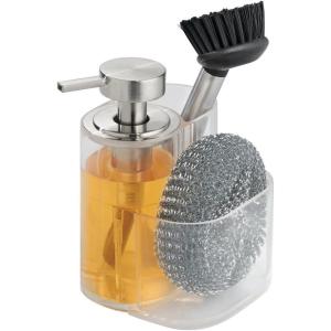 imagemDesign Liquid Soap Dispenser Pump Bottle Caddy with 2 Storage Compartments for Kitchen Sinks Countertops  Holds and Stores Sponges Scrubbers and Brushes  ClearBrushed