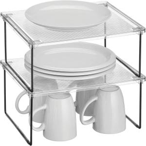 imagemDesign Metal Stacking Storage Organization for Kitchen Cabinet Shelves in Pantry Cupboard FridgeFreezer Organizer Stand for Plates Bowls Mugs Ligne Collection 2 Pack ClearMatte Black