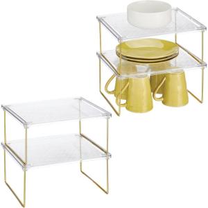 imagemDesign Metal Stacking Storage Organization for Shelves Inside Cabinet in Kitchen Pantry Cupboard FridgeFreezer Organizer Stand for Plates Bowls Mugs Ligne Collection 4 Pack ClearSoft Brass