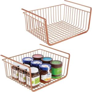 imagemDesign Metal Under Shelf Basket for Kitchen Storage  Wire Farmhouse Sliding Bin Basket for Pantry  Large Open Front Organizer for Food Drinks Snacks  Hyde Collection 2 Pack  CopperCopper