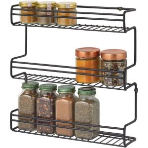 imagemDesign Metal Wall Mount Kitchen Spice Bottle Rack Holder Food Storage Organizer for Cabinet Cupboard Pantry Shelf  Holds Spices Jars Baking Supplies Cans 3 Tier  Black
