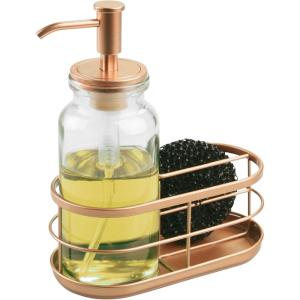 imagemDesign Modern GlassMetal Kitchen Sink Countertop Liquid Hand Soap Dispenser Pump Bottle Caddy with Storage Compartments  Holds and Stores Sponges Scrubbers and Brushes  ClearCopper