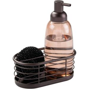 imagemDesign Modern GlassMetal Kitchen Sink Countertop Liquid Hand Soap Dispenser Pump Bottle Caddy with Storage Compartments  Includes Scrubber  Holds Sponges Scrubbers and Brushes  Sand BrownBronze