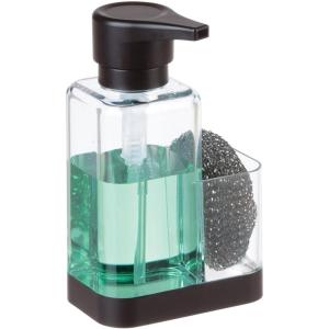 imagemDesign Modern Plastic Kitchen Sink Countertop Liquid Hand Soap Dispenser Pump Bottle Caddy with Storage Compartment  Holds and Stores Sponges Scrubbers and Brushes  ClearMatte BlackClearMatte Black