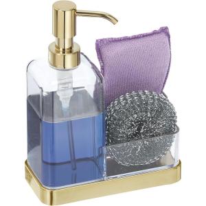 imagemDesign Plastic Kitchen Sink Countertop Hand Soap Dispenser Pump Bottle Caddy Organizer Holder with Storage for Bathroom  Holds Dish Sponge and Brushes  Omni Collection  ClearSoft Brass