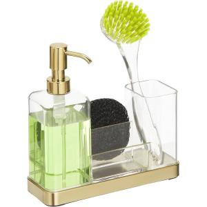 imagemDesign Plastic Kitchen Sink Countertop Liquid Hand Soap Dispenser Pump Bottle Organizer Holder with Storage for Kitchen Bathroom  Holds Dish Sponge and Brushes  Omni Collection  Soft BrassClear