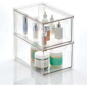 imagemDesign Plastic Stackable Bathroom Storage Organizer Bin with Pull Out Drawer for Cabinet Vanity Shelf Cupboard Cabinet or Closet Organization  Lumiere Collection  2 Pack  Clear
