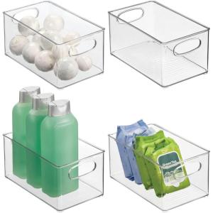 imagemDesign Plastic Storage Organizer Wide Container Bin with Handles for Bathroom Home Organization  Holds Vitamins Supplements Makeup Styling Tools  Ligne Collection  4 Pack  Clear