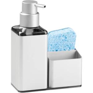 imagemDesign Refillable Soap Dispenser Pump  Liquid Soap Dispenser  384 ml Capacity  Soap Bottle with Pump Head Made of Strong Plastic  with Handy Sponge Holder Divided into 2 Sections  SilverSilver