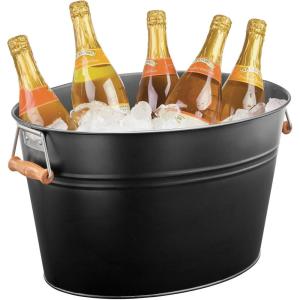 imagemDesign Large Metal Beverage Tub Oval Cooler for Beer Wine Ice and Drinks  Portable 475 Gallon18 Liter Cold Drink Trough for Parties  Steel Bin Bucket Stand with Bamboo Handles Matte Black