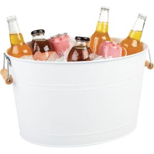 imagemDesign Large Metal Beverage Tub Oval Cooler for Beer Wine Ice and Drinks  Portable 475 Gallon18 Liter Cold Drink Trough for Parties  Steel Bin Bucket Stand with Bamboo Handles White