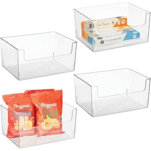 imagemDesign Large Modern Plastic Open Front Dip Storage Organizer Bin Basket for Kitchen Organization  Shelf Cupboard Cabinet and Pantry Organizing Decor  Ligne Collection  4 Pack  Clear