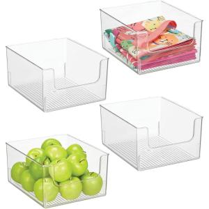 imagemDesign Modern Plastic Open Front Dip Storage Organizer Bin Basket for Kitchen Organization  Shelf Cupboard Cabinet and Pantry Organizing Decor  Ligne Collection  4 Pack  Clear