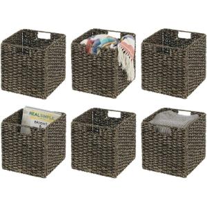 imagemDesign Seagrass Woven Cube Basket Organizer with Handles  Storage for Bedroom Office Living Room Bathroom Perfect for Cubby Storage Units  Hold Blankets Magazines Books  6 Pack  Black Wash
