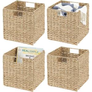 imagemDesign Seagrass Woven Cube Basket Organizer with Handles  Storage for Bedroom Office Living Room Bathroom Perfect for Cubby Storage Units  Hold Blankets Magazines Books  4 Pack  NaturalTan