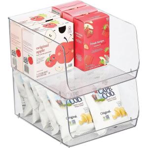 imagemDesign Wide Stackable Plastic Food Storage Organizer Bin Basket with Open Front for Household Kitchen Cabinets Pantry Offices Closets Bedrooms Bathrooms  102quot Wide 2 Pack  Clear