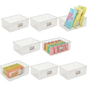 imagemDesign Wide Steel Wired Storage Organizer Bin Baskets with Label Slot for Kitchen Pantry Cabinet Organizing Holder for Food Drinks Snacks Produce Omaha Collection 8 Pack Satin