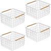 imagemDesign Metal Steel Wire Square Organizer Storage Basket wBamboo Handles for Closet Shelves Holds Linens Blankets Slippers Scarves Hats Gloves  Yami Collection  4 Pack  Matte WhiteNatural