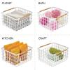 imagemDesign Metal Steel Wire Square Organizer Storage Basket wBamboo Handles for Closet Shelves Holds Linens Blankets Slippers Scarves Hats Gloves  Yami Collection  4 Pack  Matte WhiteNatural