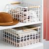 imagemDesign Metal Steel Wire Square Organizer Storage Basket wBamboo Handles for Closet Shelves Holds Linens Blankets Slippers Scarves Hats Gloves  Yami Collection  2 Pack  Matte WhiteNatural