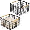 imagemDesign Metal Steel Wire Square Organizer Storage Basket wBamboo Handles for Closet Shelves Holds Linens Blankets Slippers Scarves Hats Gloves  Yami Collection  2 Pack  Matte BlackNatural