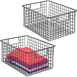 imagemDesign Metal Wire Closet Storage Basket Organizer with Handles for Organizing Bedroom Bathroom Mudroom Entryway Hallway or Linen Closets  Concerto Collection  2 Pack  Black
