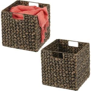 imagemDesign Natural Woven Hyacinth Cube Organizer Basket with Handles Storage for Bathroom Laundry Room Shelf or Nursery  Perfect for Cubby Storage Units  Hold Blankets and Books  2 Pack Gray WashBlack