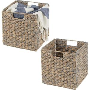 imagemDesign Natural Woven Hyacinth Cube Organizer Basket with Handles Storage for Bathroom Laundry Room Shelf or Nursery  Perfect for Cubby Storage Units  Hold Blankets and Books  2 Pack Gray WashGray