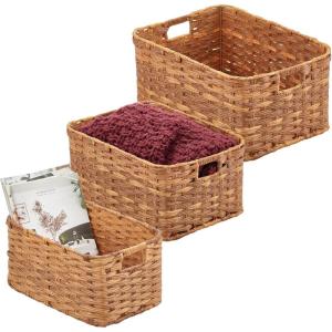 imagemDesign Rectangular Woven Braided Rope Home Storage Baskets with Handles  for Organizing Closet Bedroom Bathroom Living Room Entryway Office  Nested Bins in Different Sizes  Set of 3  Camel