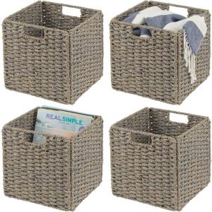 imagemDesign Seagrass Woven Cube Basket Organizer with Handles  Storage for Bedroom Office Living Room Bathroom Perfect for Cubby Storage Units  Hold Blankets Magazines Books  4 Pack  Gray Wash