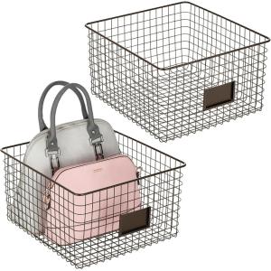 imagemDesign Wide Metal Farmhouse Storage Organizer Bin Baskets with Label Slot for Closet Cabinet Cupboard  Wire Organizing Basket Holds Clothing Linens Shoes Omaha Collection 2 Pack Bronze