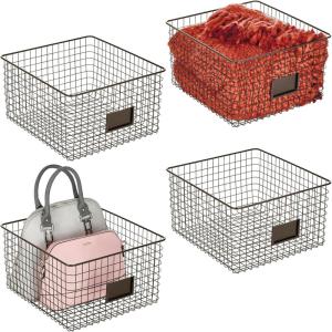 imagemDesign Wide Metal Farmhouse Storage Organizer Bin Baskets with Label Slot for Closet Cabinet Cupboard  Wire Organizing Basket Holds Clothing Linens Shoes Omaha Collection 4 Pack Bronze