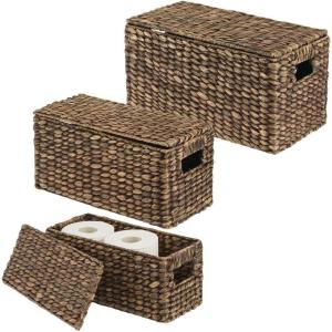 imagemDesign Woven Water Hyacinth Rectangle Storage Organizer Basket Bin with Topper Lid and Handles  Natural Farmhouse Holder Containers for Closet Bedroom Bathroom Office  Set of 3  Dark Brown