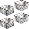 imagemDesign Metal Steel Wire Square Organizer Storage Basket w Bamboo Handles for Closet Shelves Holds Linens Blankets Slippers Scarves Hats Gloves  Yami Collection  4 Pack  Matte BlackNatural