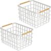 imagemDesign Metal Wire Closet Storage Basket Bin Organizer with Wood Handles for Bedroom Bathroom Mudroom Entryway Hallway or Linen Closet Organization  Yami Collection  2 Pack Matte WhiteNatural