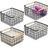 imagemDesign Metal Steel Wire Square Organizer Storage Basket w Bamboo Handles for Closet Shelves Holds Linens Blankets Slippers Scarves Hats Gloves Yami Collection 4 Pack Matte BlackNatural