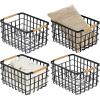 imagemDesign Metal Wire Closet Storage Basket Bin Organizer with Wood Handles for Bedroom Bathroom Mudroom Entryway Hallway or Linen Closet Organization  Yami Collection  4 Pack Matte BlackNatural