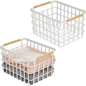imagemDesign Metal Wire Closet Storage Basket Bin Organizer with Wood Handles for Bedroom Bathroom Mudroom Entryway Hallway or Linen Closet Organization  Yami Collection  2 Pack Matte WhiteNatural