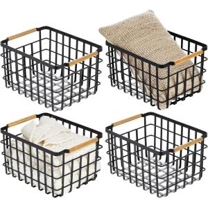 imagemDesign Metal Wire Closet Storage Basket Bin Organizer with Wood Handles for Bedroom Bathroom Mudroom Entryway Hallway or Linen Closet Organization  Yami Collection  4 Pack Matte BlackNatural